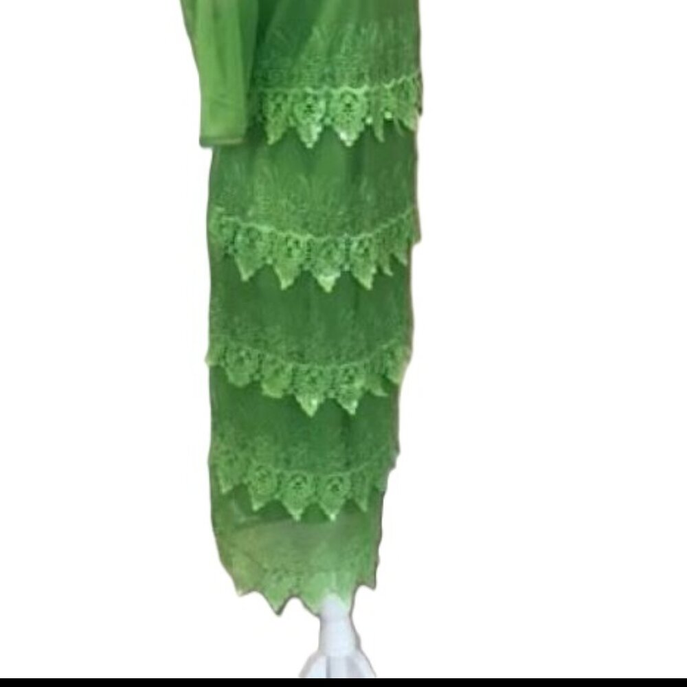 Badgley Mischka Green Sheer Lace Tiered Sequins Cocktail Dress LARGE NWT $145 - Picture 7 of 16